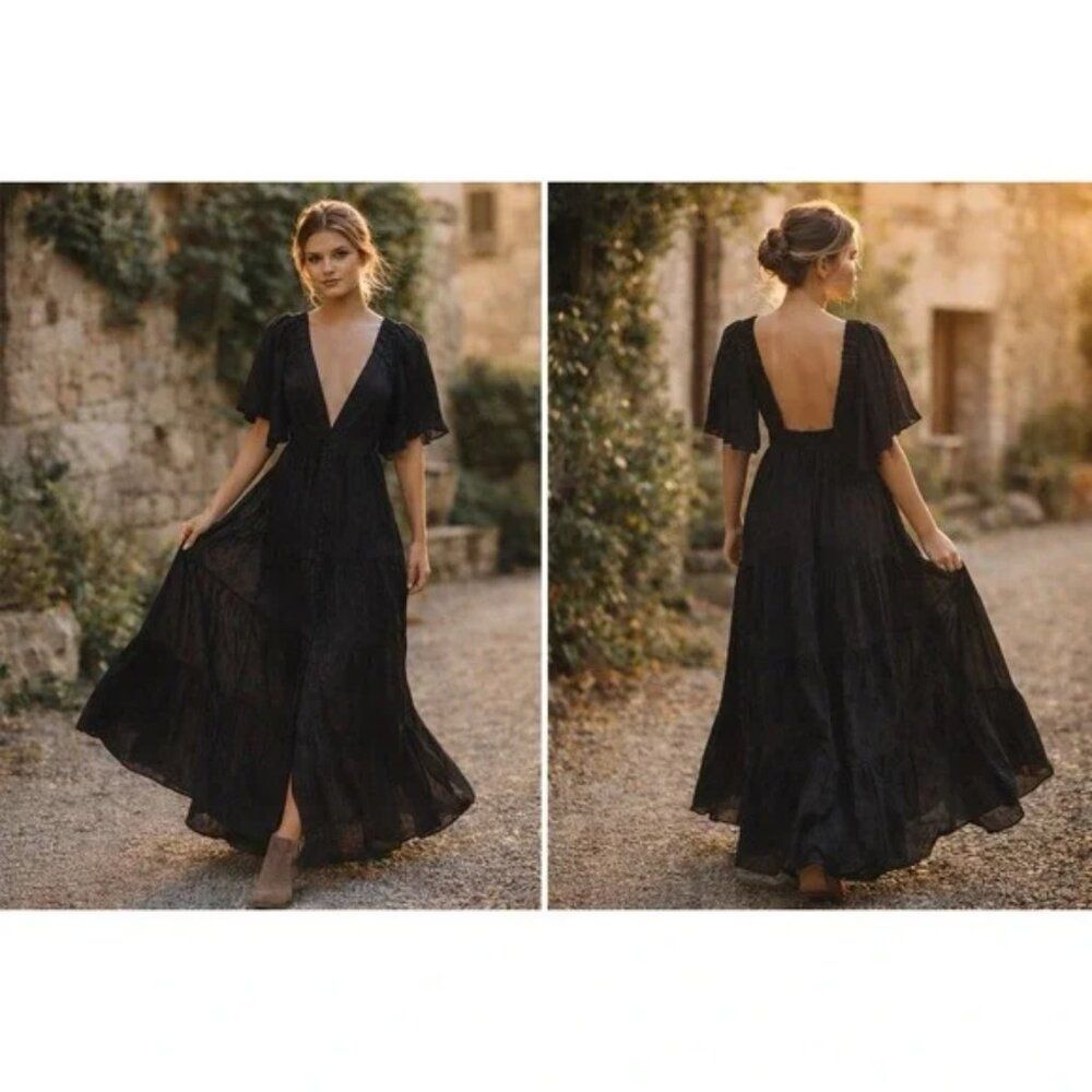 Free People Cha Cha Maxi Dress Black Boho Flutter Sleeve Tiered Open Back Sz S